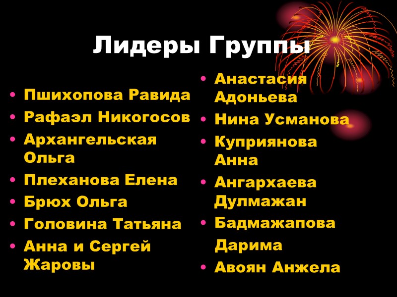 Лидеры Группы Пшихопова Равида Рафаэл Никогосов Архангельская Ольга Плеханова Елена Брюх Лидеры Группы Пшихопова Равида Рафаэл Никогосов Архангельская Ольга Плеханова Елена Брюх